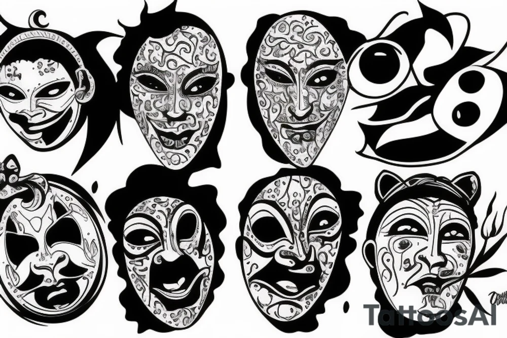 surreal comedy and tragedy mask tattoo idea