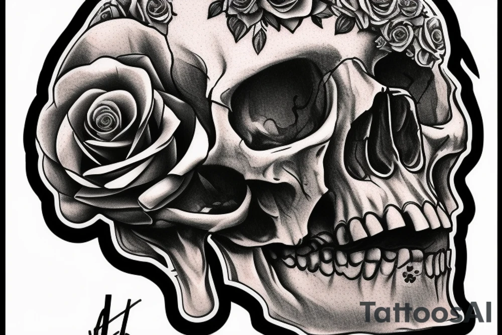 human skull realistic with roses tattoo idea