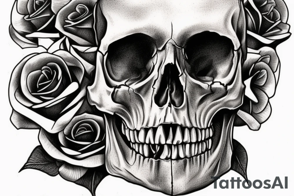 human skull realistic with roses tattoo idea