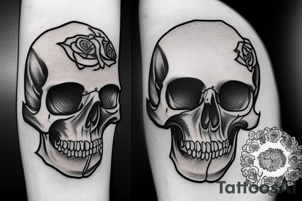 human skull realistic with roses tattoo idea