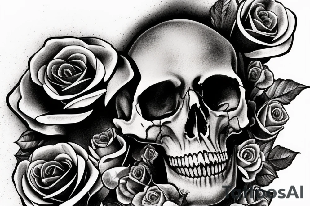 human skull realistic with roses tattoo idea