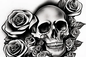 human skull realistic with roses tattoo idea