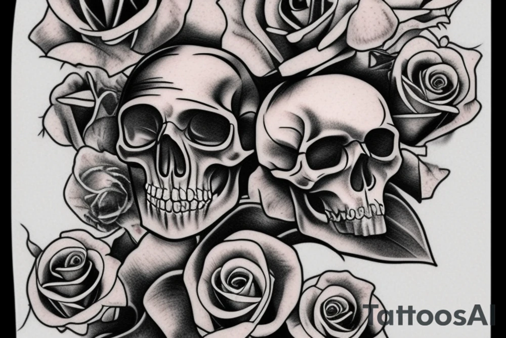 human skull realistic with roses tattoo idea