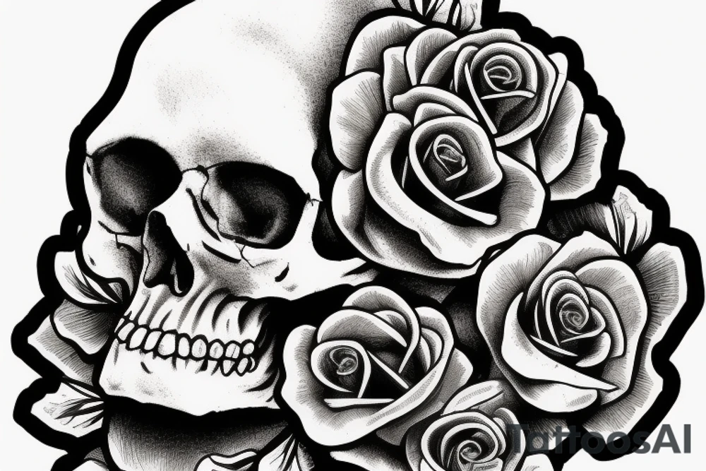 human skull realistic with roses tattoo idea