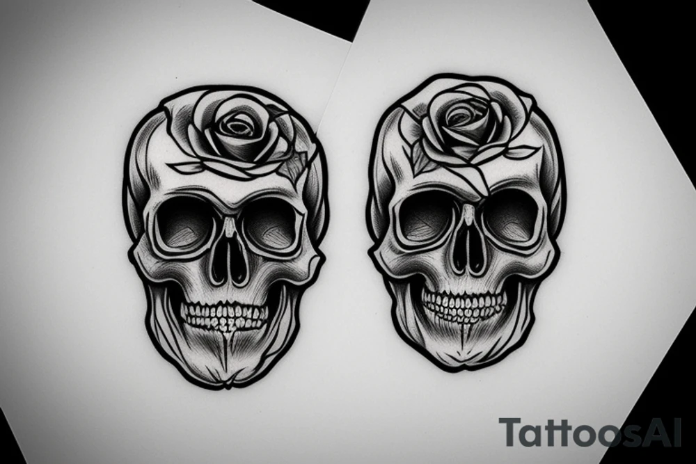 realistic human skull with roses on the head tattoo idea