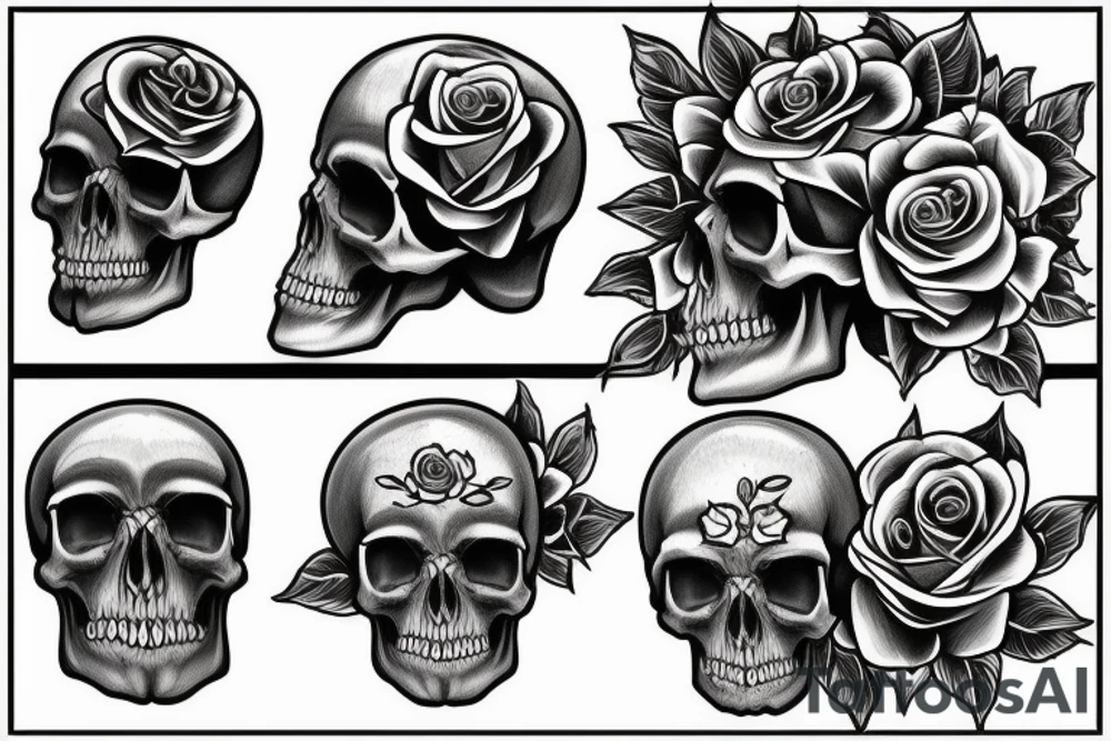 realistic human skull with roses on the head tattoo idea