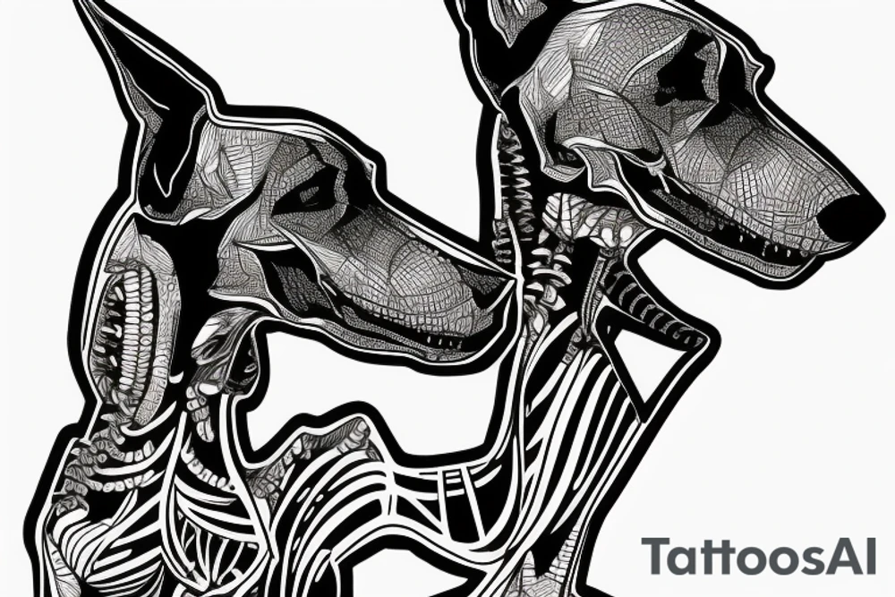 skeleton doberman angry and growling tattoo idea