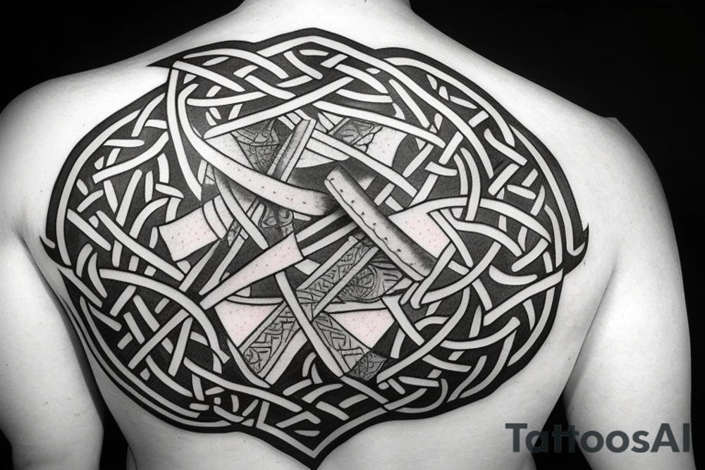 Nordic sword with Viking ruins tattoo idea