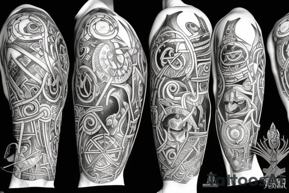 Broken Sword with Viking symbols tattoo idea