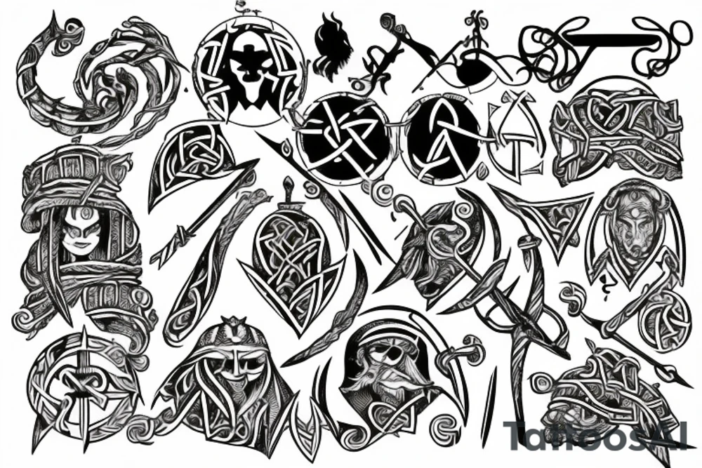 Broken Sword with Viking symbols tattoo idea