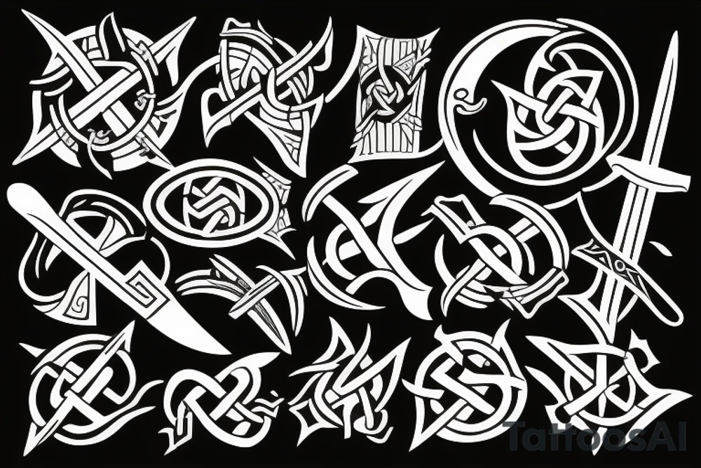 Broken Sword with Viking symbols tattoo idea