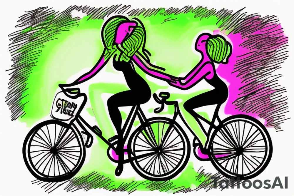 Tree , mother and toddler daughter holding hands and Tour de France bicycle ,bicycle is neon pink and neon green tattoo idea