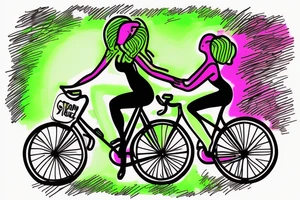 Tree , mother and toddler daughter holding hands and Tour de France bicycle ,bicycle is neon pink and neon green tattoo idea