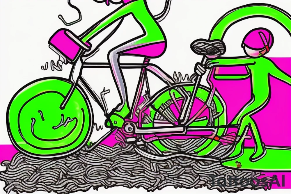 Tree , mother and toddler daughter holding hands and Tour de France bicycle ,bicycle is neon pink and neon green tattoo idea