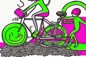 Tree , mother and toddler daughter holding hands and Tour de France bicycle ,bicycle is neon pink and neon green tattoo idea