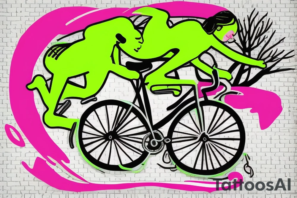 Tree , mother and toddler daughter holding hands and Tour de France bicycle ,bicycle is neon pink and neon green tattoo idea