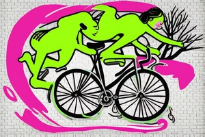 Tree , mother and toddler daughter holding hands and Tour de France bicycle ,bicycle is neon pink and neon green tattoo idea