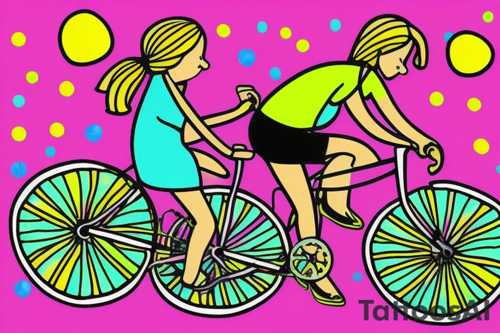Tree , mother and toddler daughter holding hands and Tour de France bicycle ,bicycle is neon pink and neon green tattoo idea