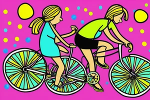 Tree , mother and toddler daughter holding hands and Tour de France bicycle ,bicycle is neon pink and neon green tattoo idea
