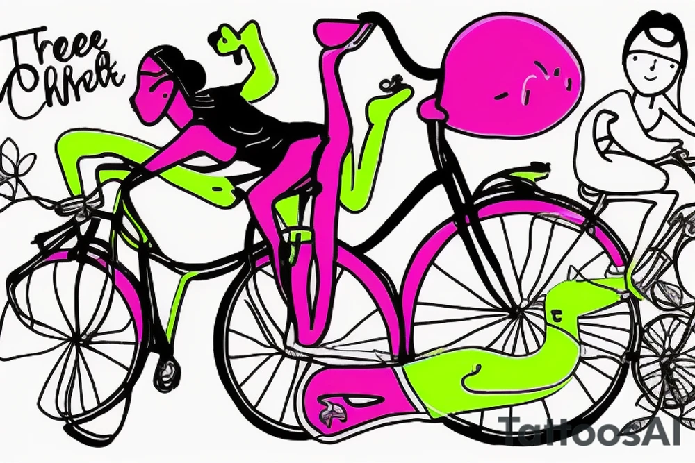Tree , mother and toddler daughter holding hands and Tour de France bicycle ,bicycle is neon pink and neon green tattoo idea