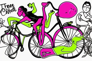 Tree , mother and toddler daughter holding hands and Tour de France bicycle ,bicycle is neon pink and neon green tattoo idea