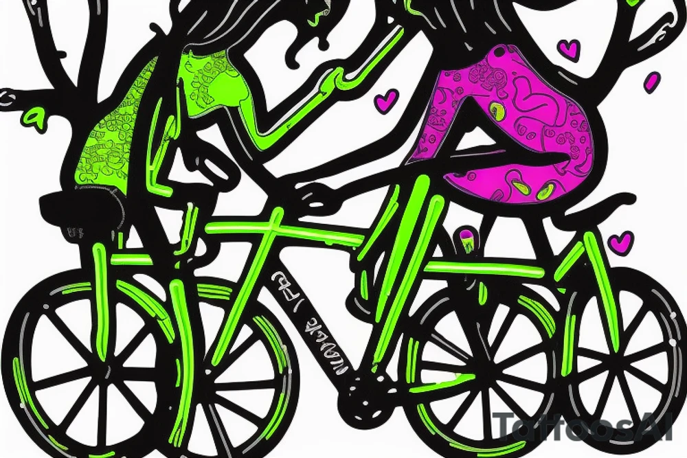 Tree , mother and toddler daughter holding hands and Tour de France bicycle ,bicycle is neon pink and neon green tattoo idea