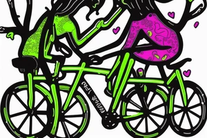 Tree , mother and toddler daughter holding hands and Tour de France bicycle ,bicycle is neon pink and neon green tattoo idea