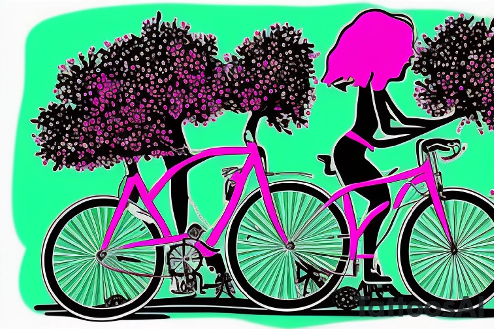 Tree , mother and toddler daughter holding hands and Tour de France bicycle ,bicycle is neon pink and neon green tattoo idea
