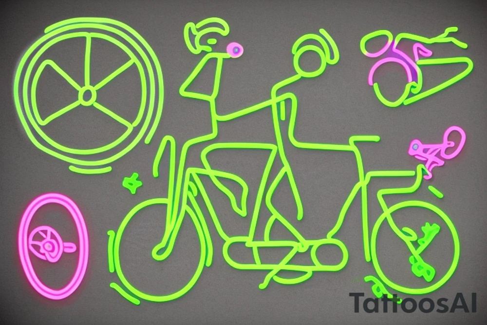 Tree , mother and toddler daughter holding hands and Tour de France bicycle ,bicycle is neon pink and neon green tattoo idea