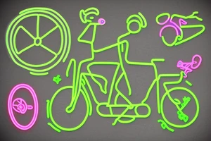 Tree , mother and toddler daughter holding hands and Tour de France bicycle ,bicycle is neon pink and neon green tattoo idea