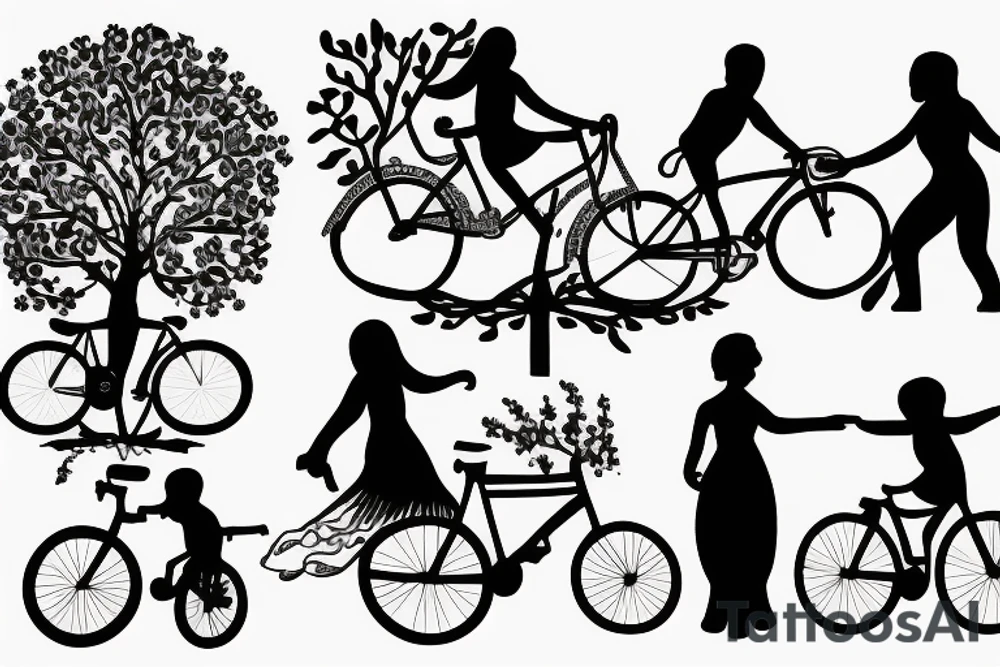 Tree , mother and toddler daughter holding hands and Tour de France bicycle tattoo idea