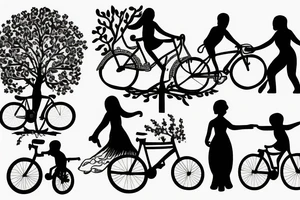 Tree , mother and toddler daughter holding hands and Tour de France bicycle tattoo idea