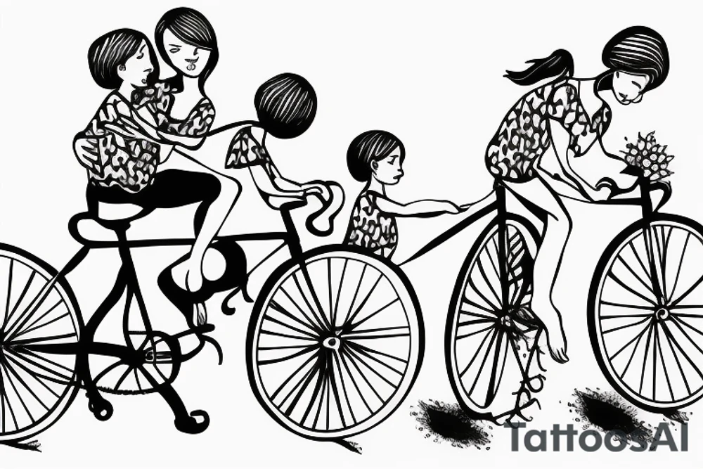 Tree , mother and toddler daughter holding hands and Tour de France bicycle tattoo idea