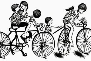 Tree , mother and toddler daughter holding hands and Tour de France bicycle tattoo idea