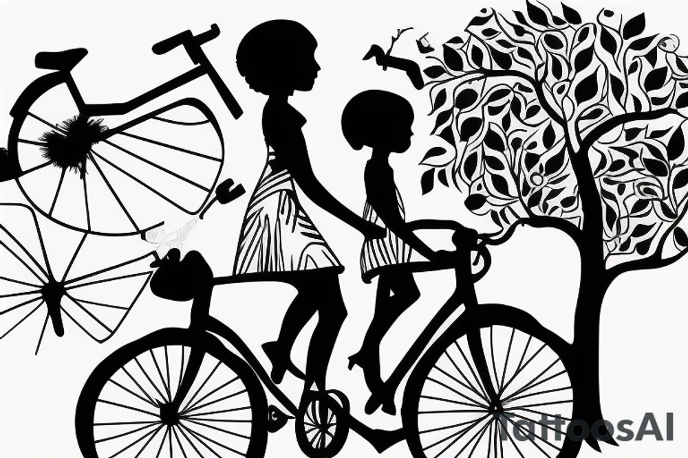 Tree , mother and toddler daughter holding hands and Tour de France bicycle leaning on tree tattoo idea