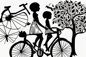 Tree , mother and toddler daughter holding hands and Tour de France bicycle leaning on tree tattoo idea