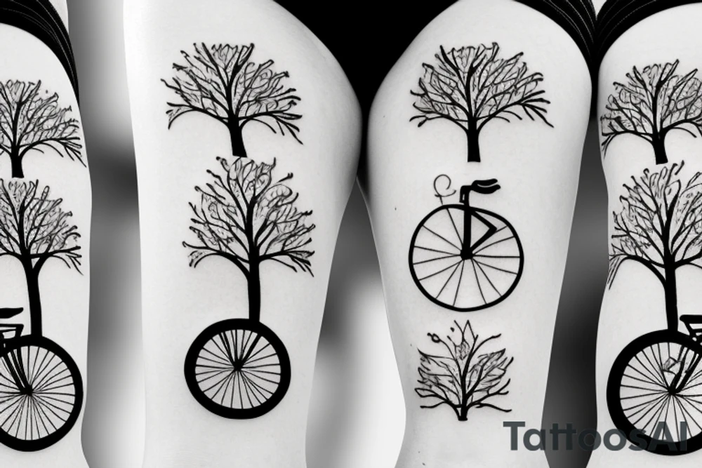 Tree , mother and toddler daughter holding hands and Tour de France bicycle leaning on tree tattoo idea