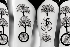 Tree , mother and toddler daughter holding hands and Tour de France bicycle leaning on tree tattoo idea
