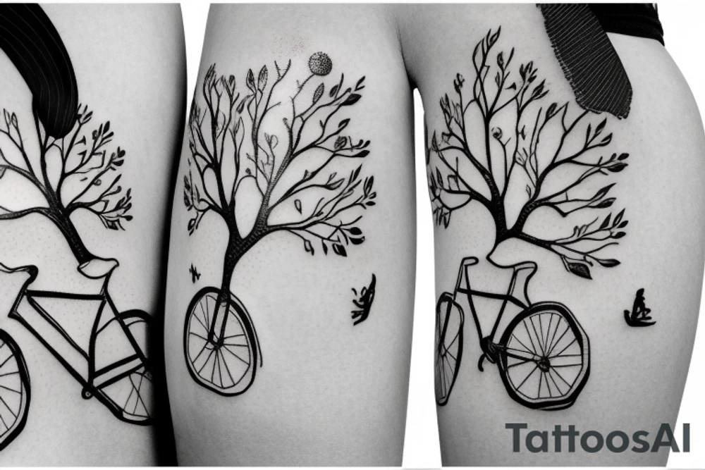 Tree , mother and toddler daughter holding hands and Tour de France bicycle leaning on tree tattoo idea