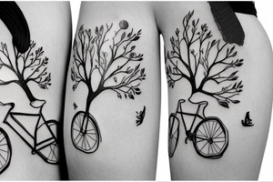 Tree , mother and toddler daughter holding hands and Tour de France bicycle leaning on tree tattoo idea