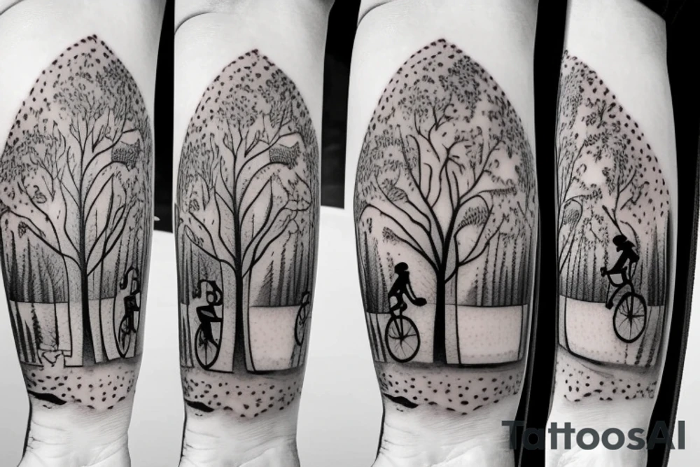Tree , mother and toddler daughter holding hands and Tour de France bicycle leaning on tree tattoo idea