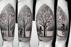 Tree , mother and toddler daughter holding hands and Tour de France bicycle leaning on tree tattoo idea