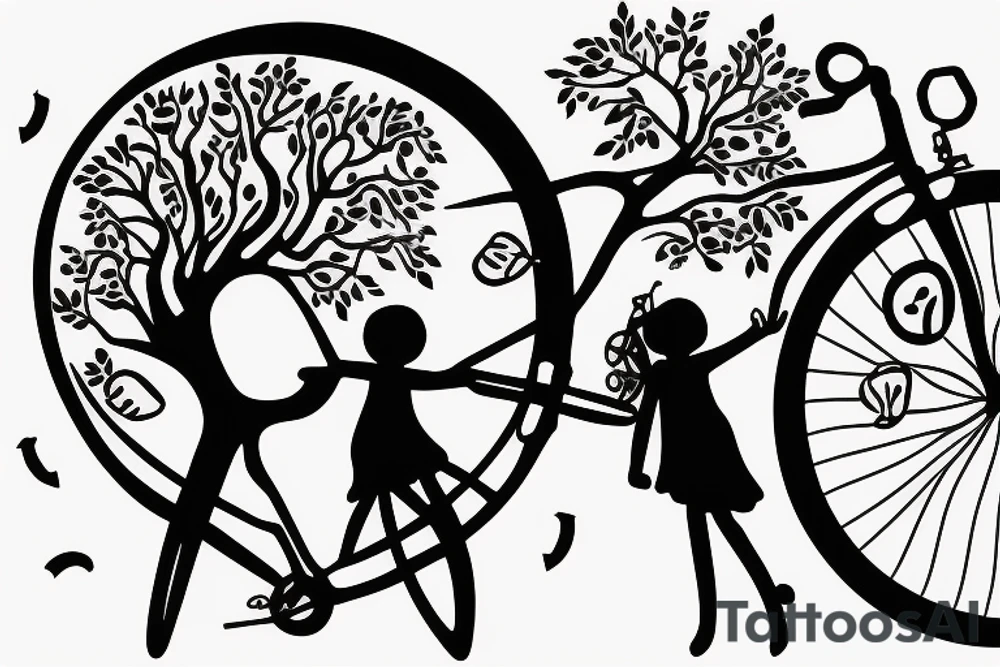 Tree , mother and toddler daughter holding hands and Tour de France bicycle leaning on tree tattoo idea