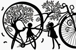 Tree , mother and toddler daughter holding hands and Tour de France bicycle leaning on tree tattoo idea