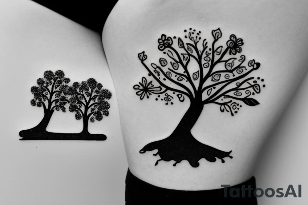Tree , mother and toddler daughter holding hands and Tour de France bicycle leaning on tree tattoo idea