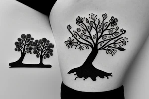 Tree , mother and toddler daughter holding hands and Tour de France bicycle leaning on tree tattoo idea