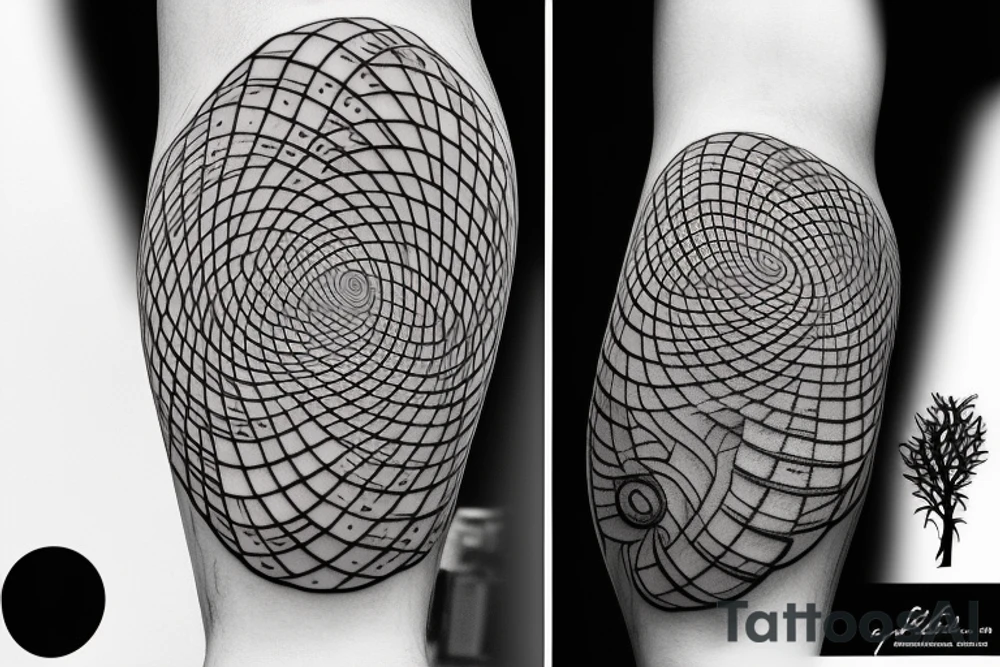 Tattoo in foreground. Fibonacci spiral behind the tattoo that transitions to clouds up top and a tree on the bottom tattoo idea