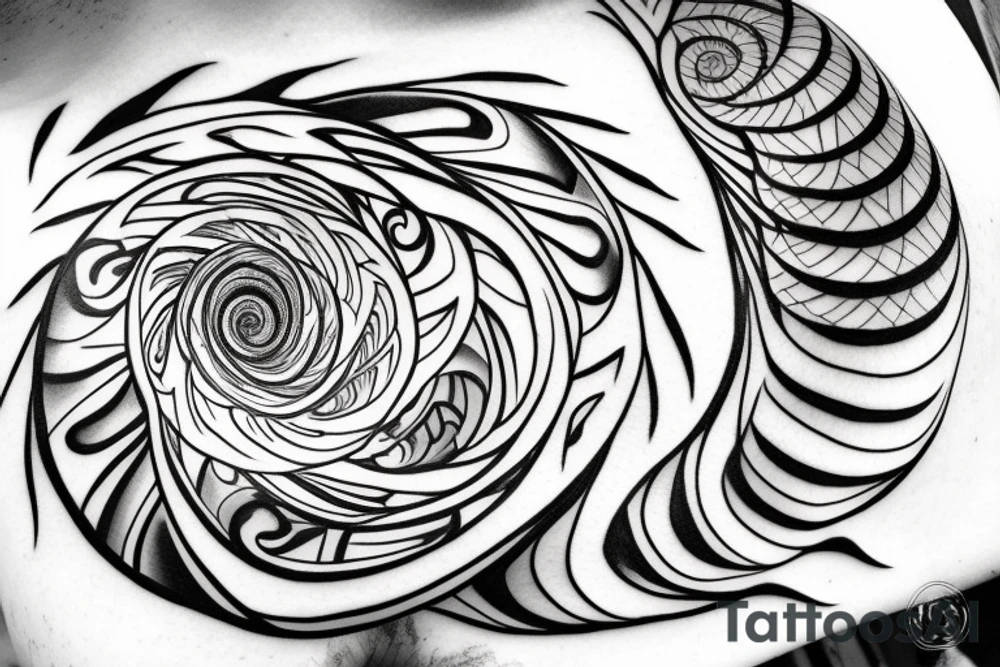 Tattoo in foreground. Fibonacci spiral behind the tattoo that transitions to clouds up top and a tree on the bottom tattoo idea