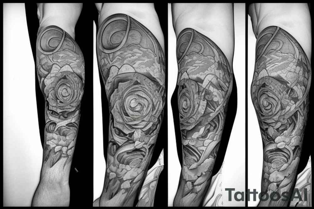 Cross in foreground. Fibonacci spiral behind the tattoo that transitions to clouds up top and a tree on the bottom tattoo idea