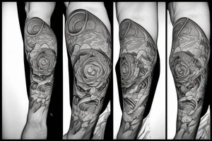 Cross in foreground. Fibonacci spiral behind the tattoo that transitions to clouds up top and a tree on the bottom tattoo idea
